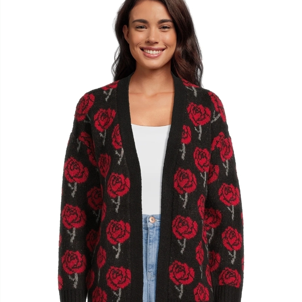 No Boundaries Black and Red Floral Open-Front Cardigan
